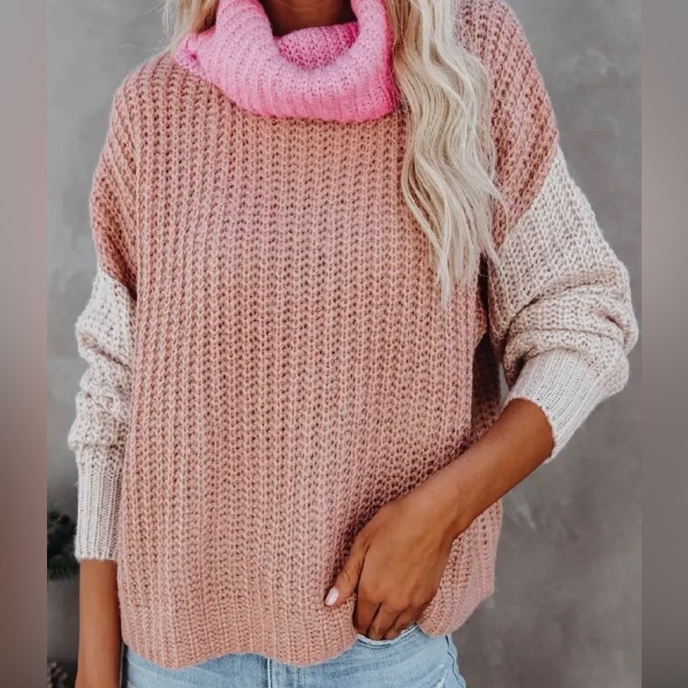 Pink High Neck Knitted Sweater